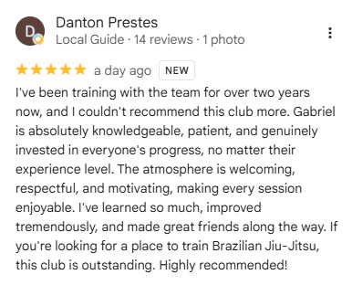 Danton Prestes five-star Google review for JSBJJ Kylemore