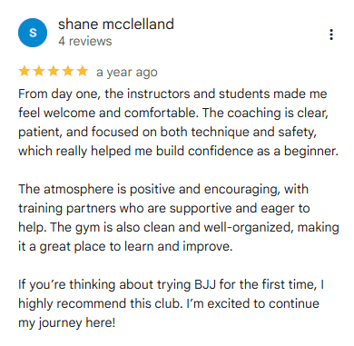 Shane Mcclelland five-star Google review for JSBJJ Kylemore